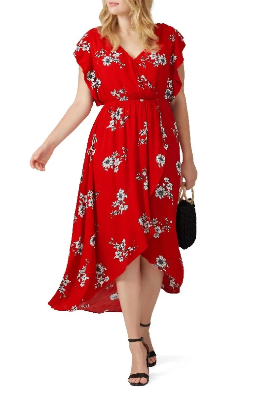 Floral Printed Wrap Midi In Red