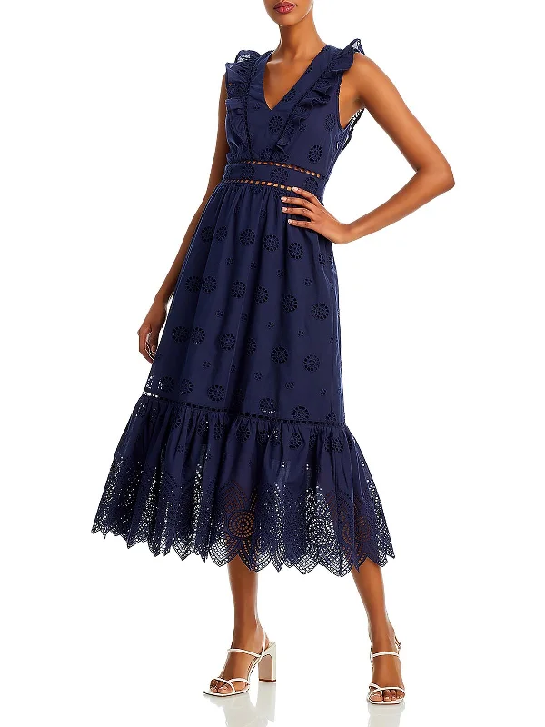 Womens Eyelet Long Fit & Flare Dress