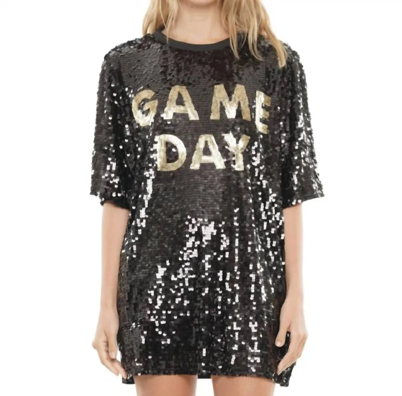 Game Day Sequin T-Shirt Dress In Black & Gold