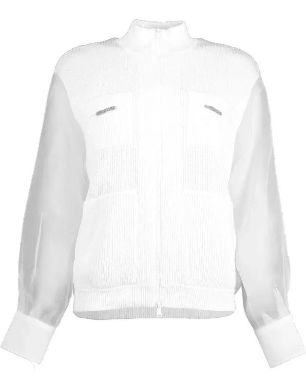 Organza-Sleeved Zip-Through Sweater