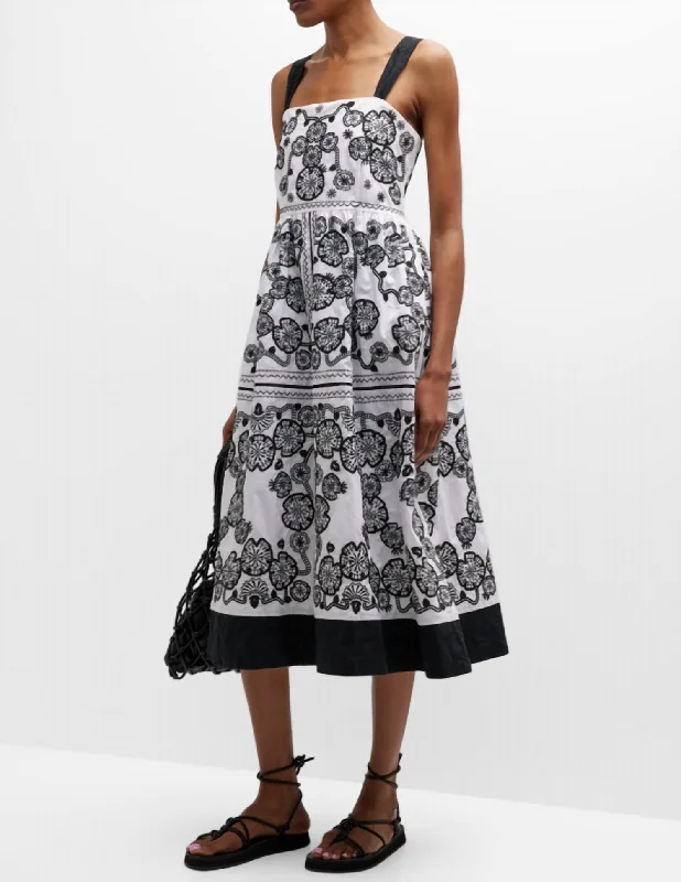 Mel Embroidered Midi Dress In White/black