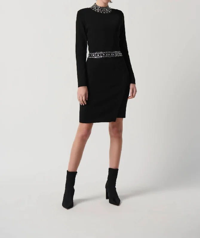 Long Sleeve Sweater Dress With Rhinestones In Black