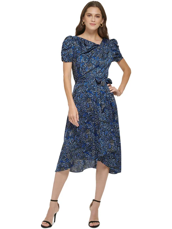 Womens Printed Puff Sleeve Midi Dress