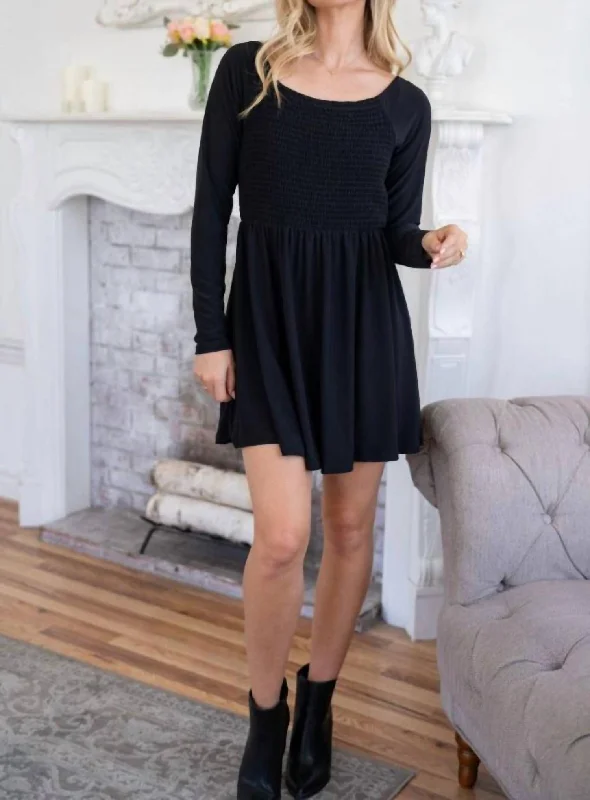 Smocked Bodice Long Sleeve Dress In Black