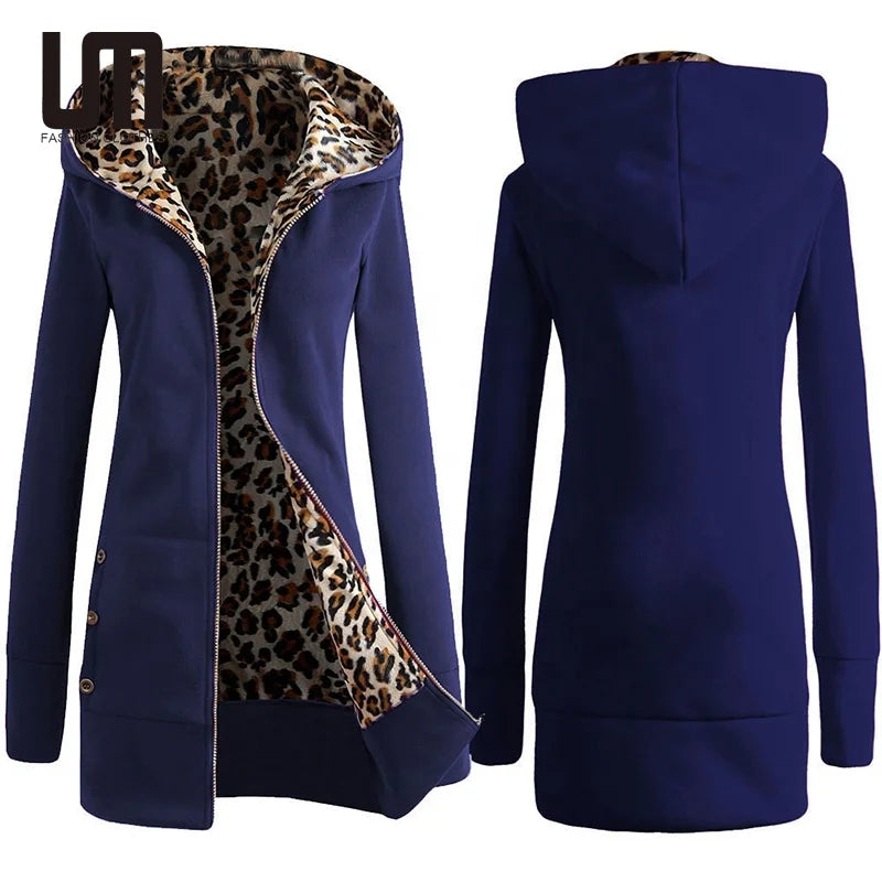 Liu Ming 2024 New Fashion Women Casual Plus Size Leopard Print Zip Up Long Sleeve Hoodie Slim Fit Coat