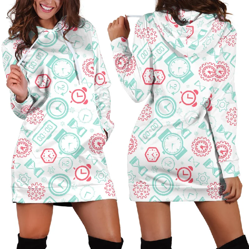 Clock Time Pattern Blackground Women'S Hoodie Dress