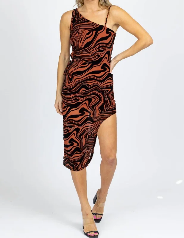 Asymmetric Cutout Midi Dress In Rustic Abstract