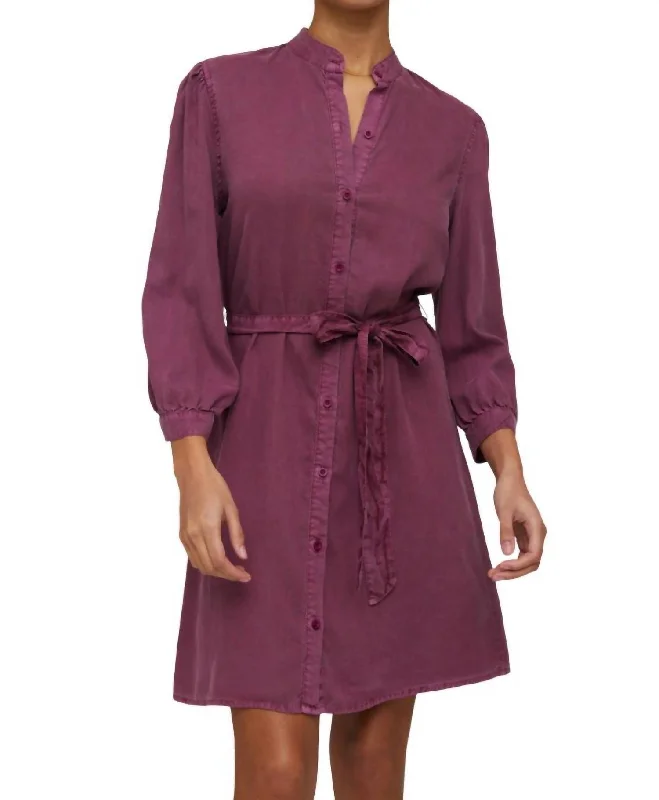 Puff Sleeve Belted Shirt Dress In Purple Berry