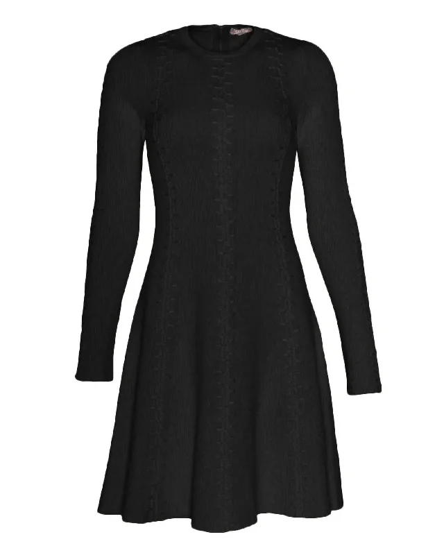 Embroidered Seam Rib Knit Fit And Flare Dress In Black