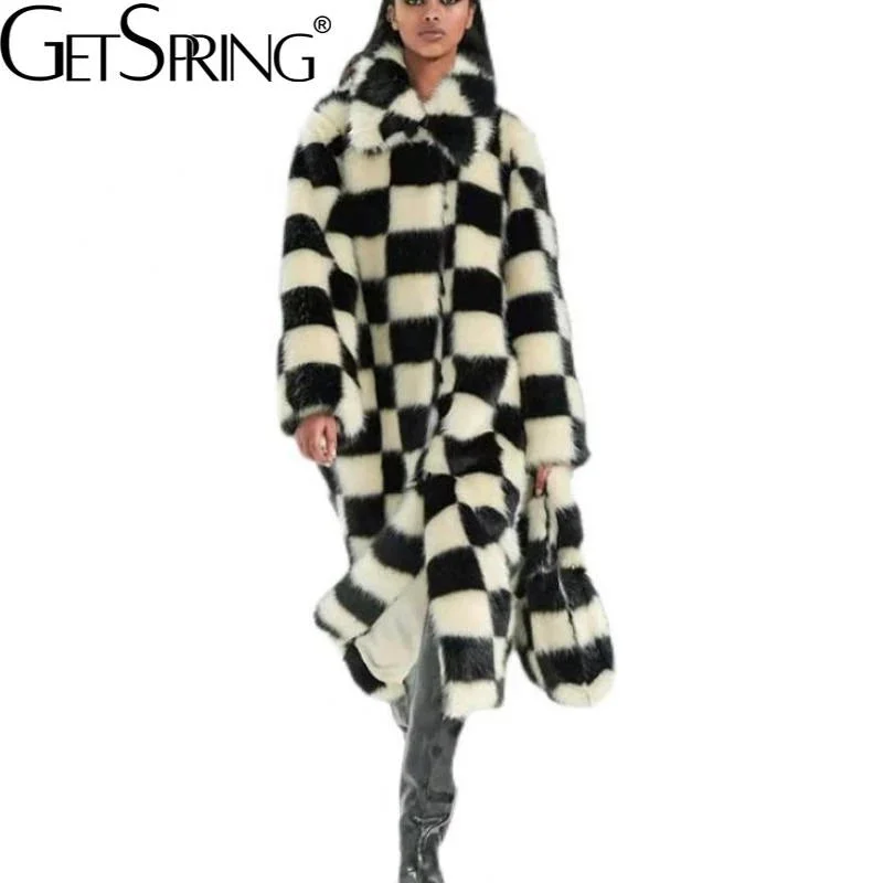 Women Fur Coat Color Matching Plaid Fox Fur Coats Plus Size Vintage Fashion Warm Lining Long Winter Overcoat 2021 New