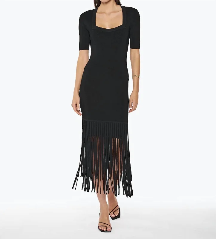 Josephina Fringe Midi Dress In Black