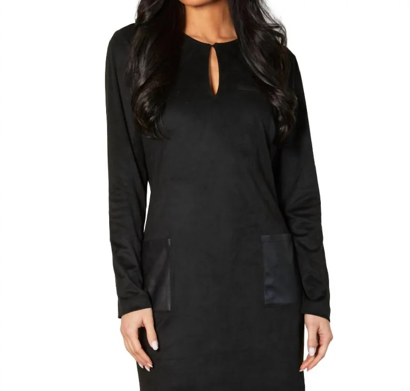 Vegan Leather/suede Front Pocket Dress In Black