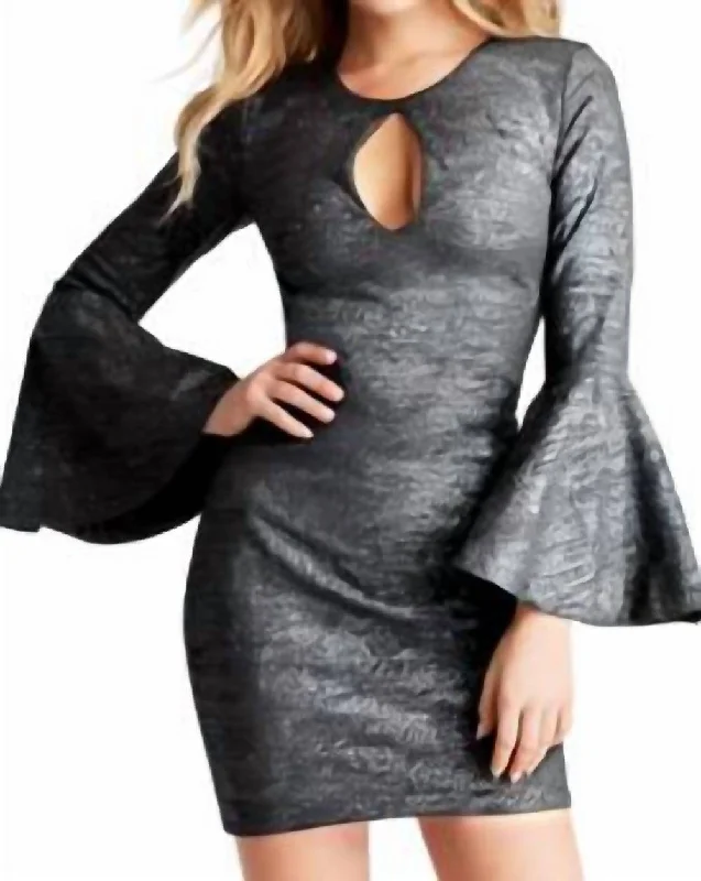 Bell Sleeve Glitter Dress In Grey