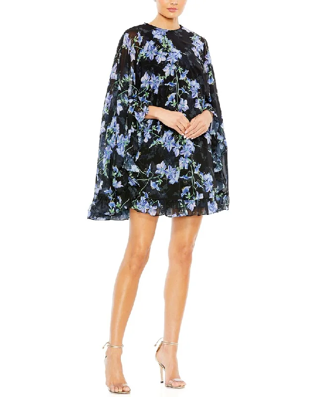 Mac Duggal Floral Print High Neck Ruffle Hem Cape Mini Dress