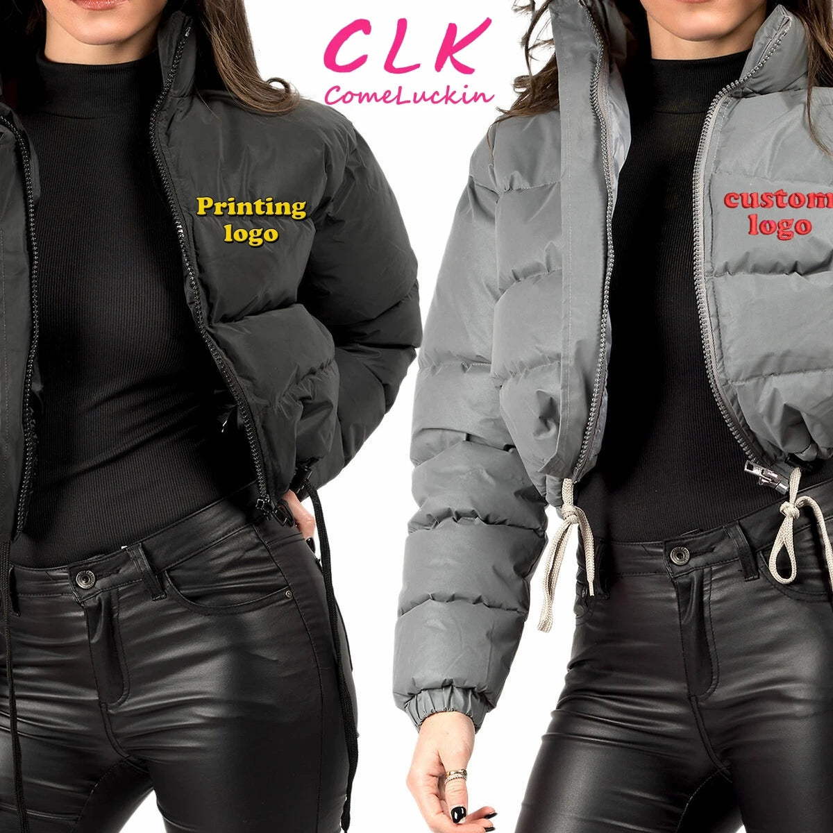 Custom Logo Thick Drawstring Parkas Zipper Women Short Puffer Jacket Cotton-padded 2023 Winter Soild Bubble Coat