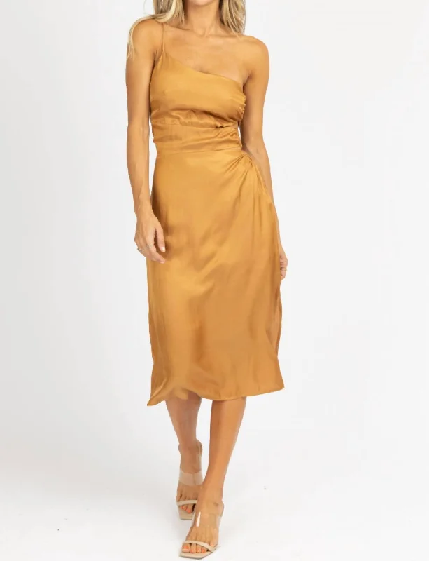 O-Ring Satin One Shoulder Midi Dress In Caramel