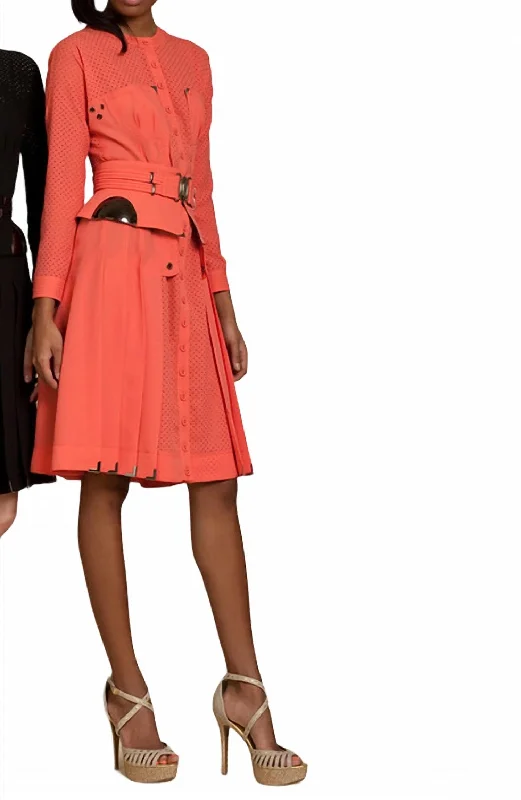 Perforated Pleat Dress In Salmon