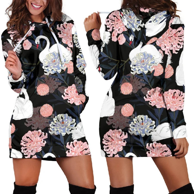 White Swan Blooming Flower Pattern Women'S Hoodie Dress