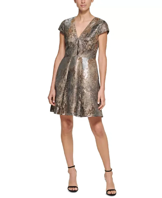 Jacquard Cap-Sleeve Dress In Slate Gold