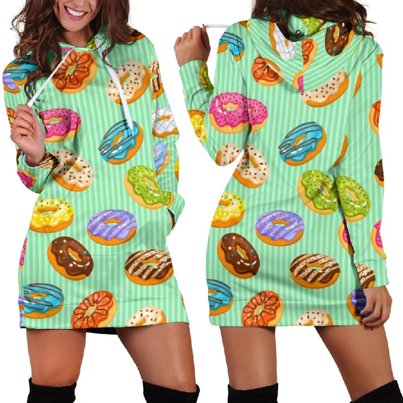 Colorful Donut Pattern Green Background Women'S Hoodie Dress