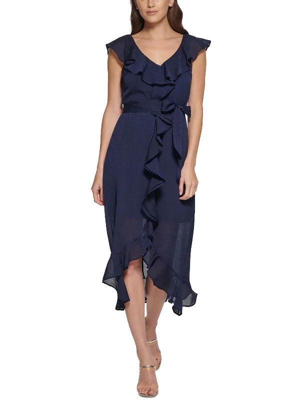 Womens Ruffled Mid-Calf Midi Dress