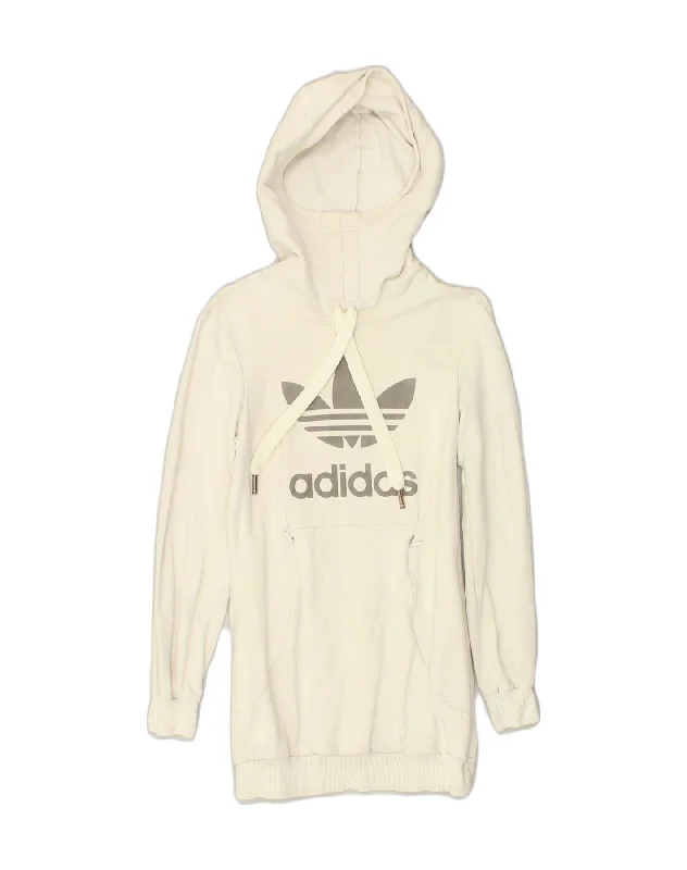 ADIDAS Womens Longline Graphic Hoodie Jumper UK 8 Small Off White Cotton