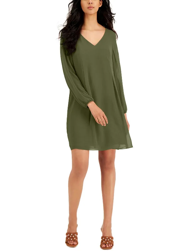 Womens Solid Bishop Sleeve Shift Dress