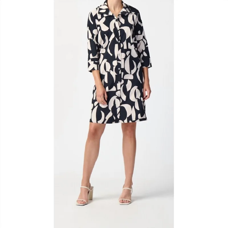 Abstract Print Stretch Poplin Trapeze Dress In Black/moonstone