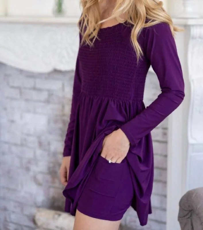 Smocked Bodice Long Sleeve Dress In Plum