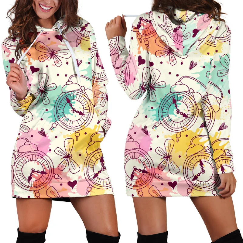 Clock Butterfly Pattern Women'S Hoodie Dress