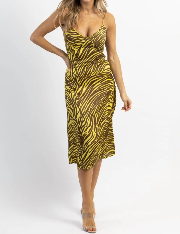 Zebra Satin Midi Dress In Lime + Brown