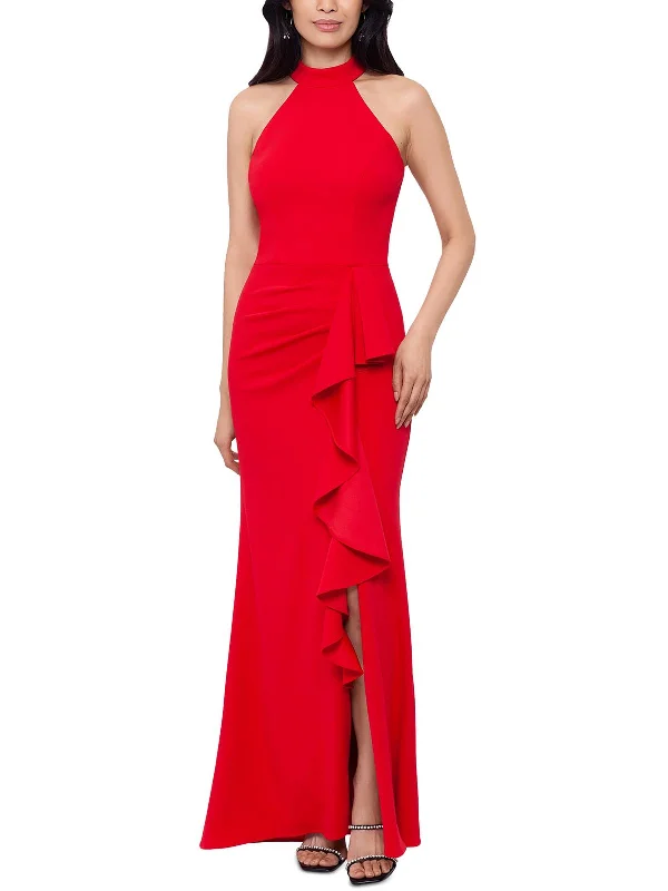 Petites Womens Cascade Ruffle Side Slit Evening Dress