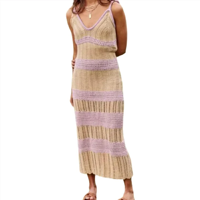 Crochet Contrast Midi Dress In Tan/lavender