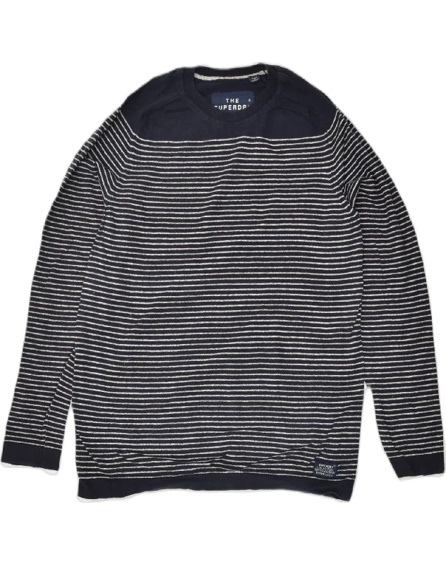 SUPERDRY Womens Crew Neck Jumper Sweater UK 16 Large Navy Blue Striped