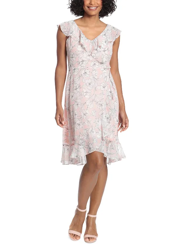 Petites Womens Chiffon Floral Sheath Dress