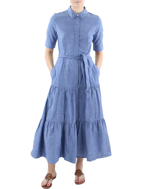 Womens Chambray Tiered Shirtdress