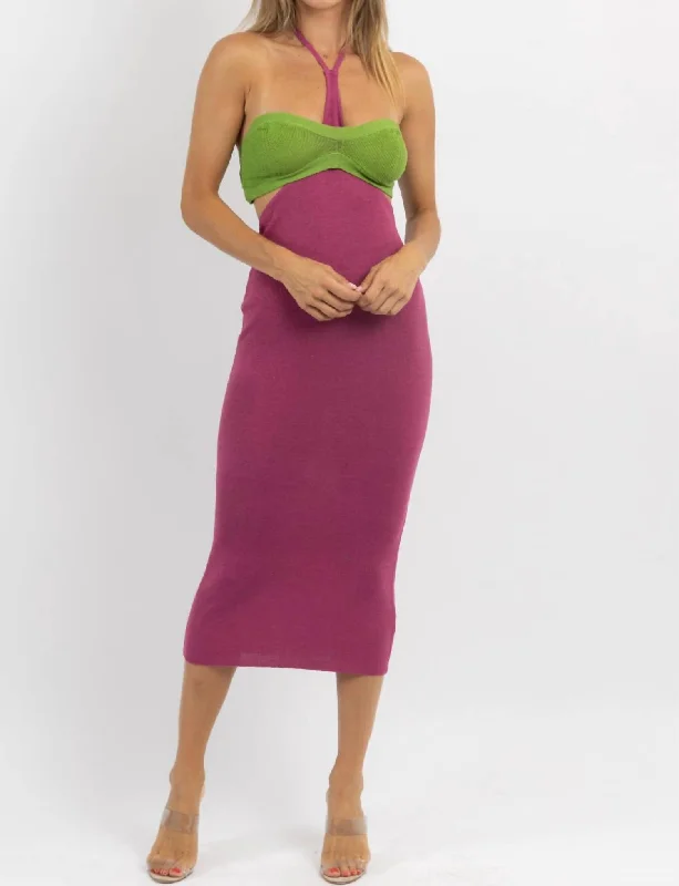 Osaka Halter Neck Midi Dress In Purple & Green