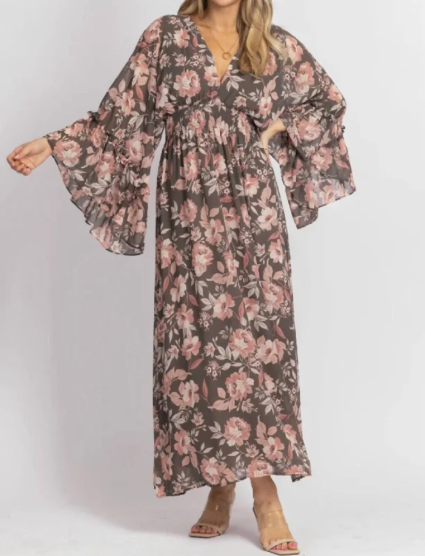 Butterfly Sleeved Maxi Dress In Charcoal Rose