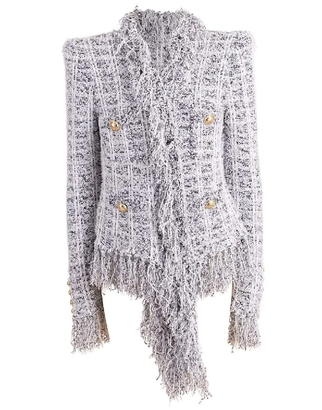 Draped Hem Fringe Tweed Jacket