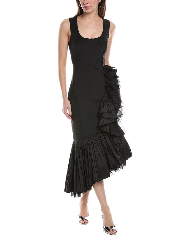 Badgley Mischka Pleated Flounce Midi Dress