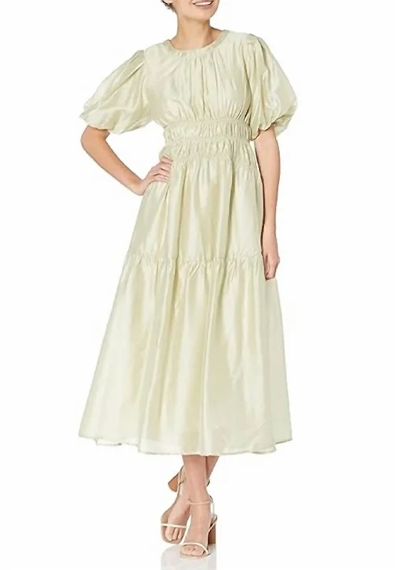 Shirred Tired Ruffle Back Tie Eyelet Dress In Cream