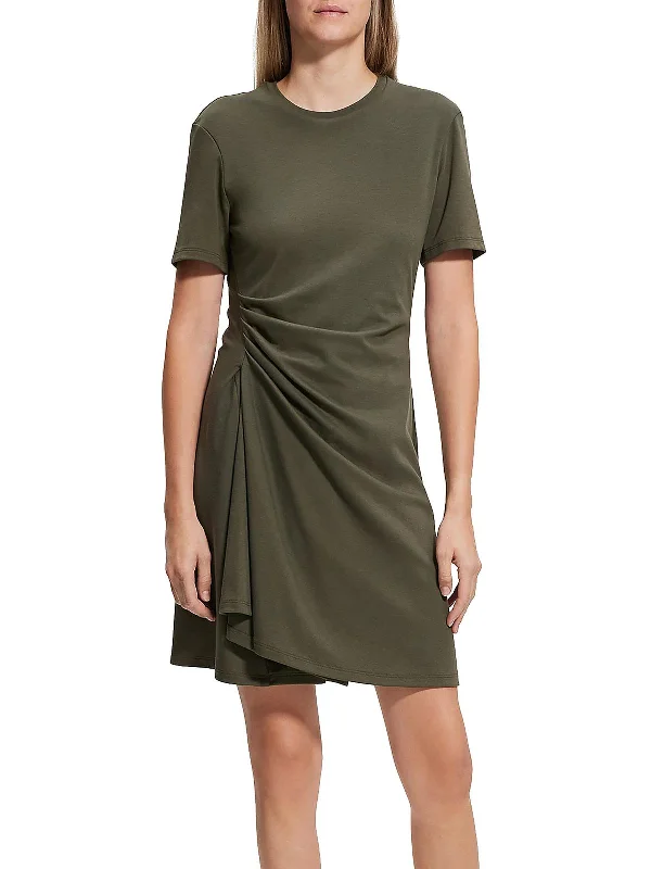 Petites Womens Cotton Gathered Mini Dress