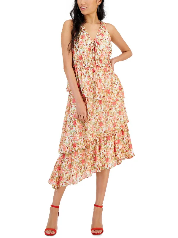 Petites Womens Chiffon Mid-Calf Midi Dress