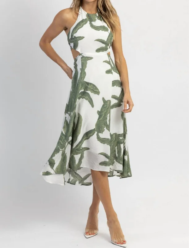 Halterneck Midi Dress In Lost Palms Green