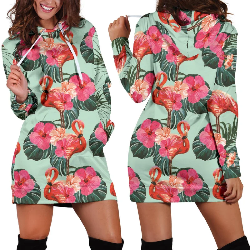 Beautiful Flamingo Tropical Palm Leaves Hibiscus Pateern Background Women'S Hoodie Dress