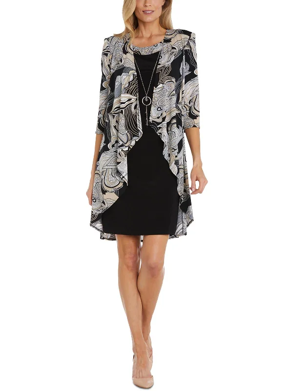 Petites Womens Knit Printed Two Piece Dress