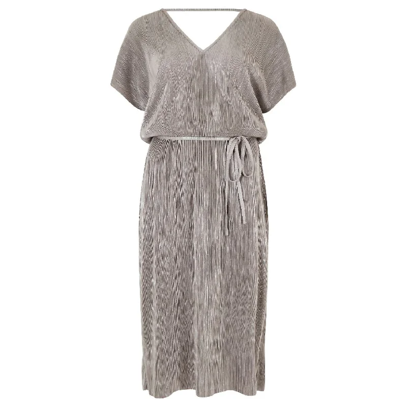 Plisse V Neck Dress In Silver