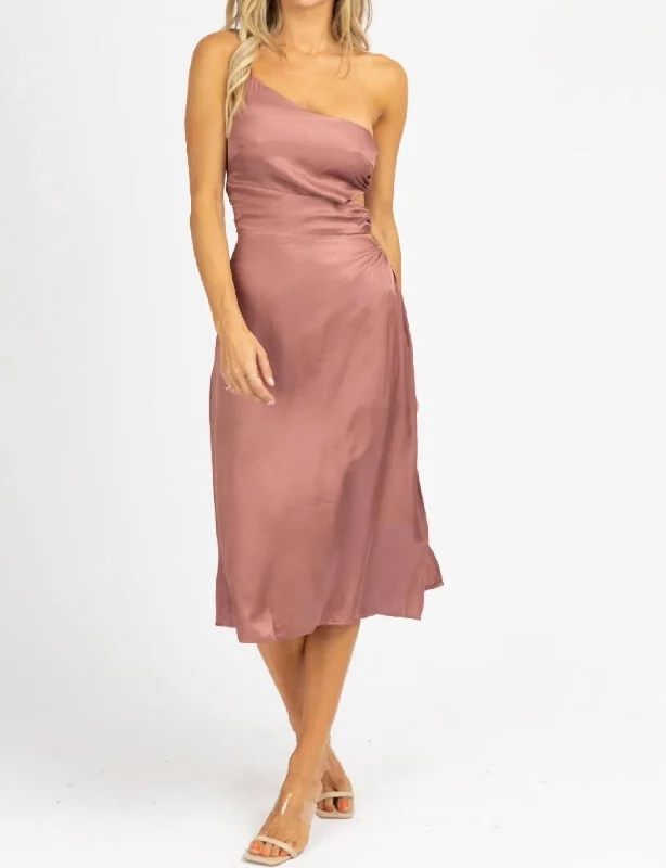 O-Ring Satin One Shoulder Midi Dress In Mauve