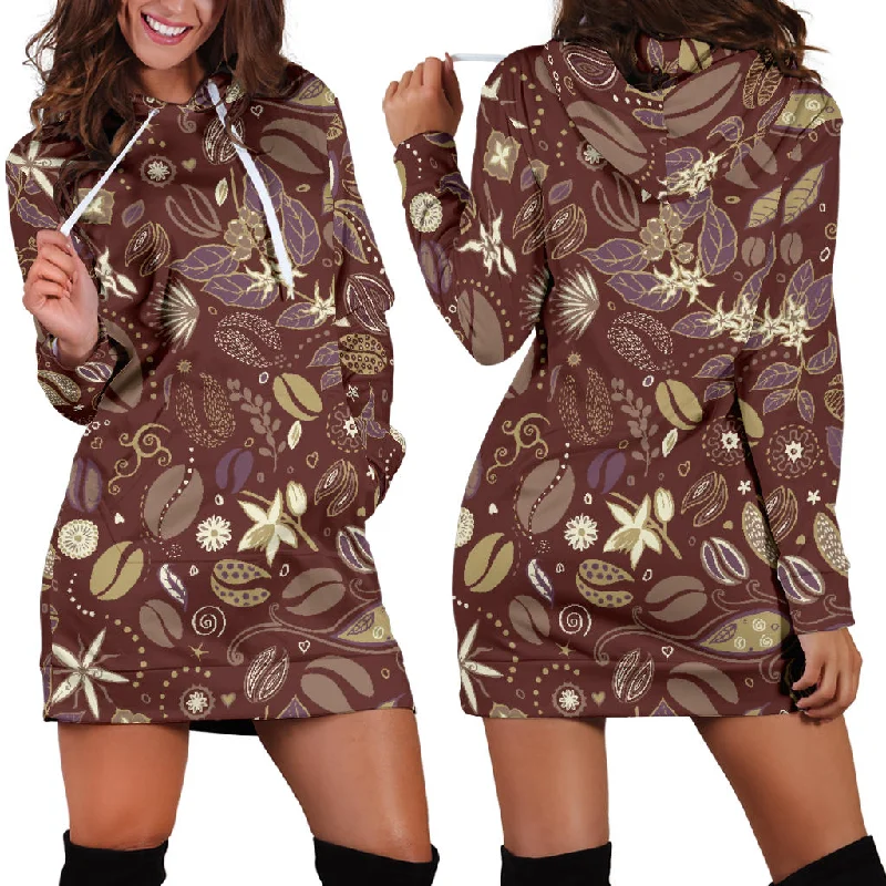 Coffee Bean Flower Pattern Women'S Hoodie Dress