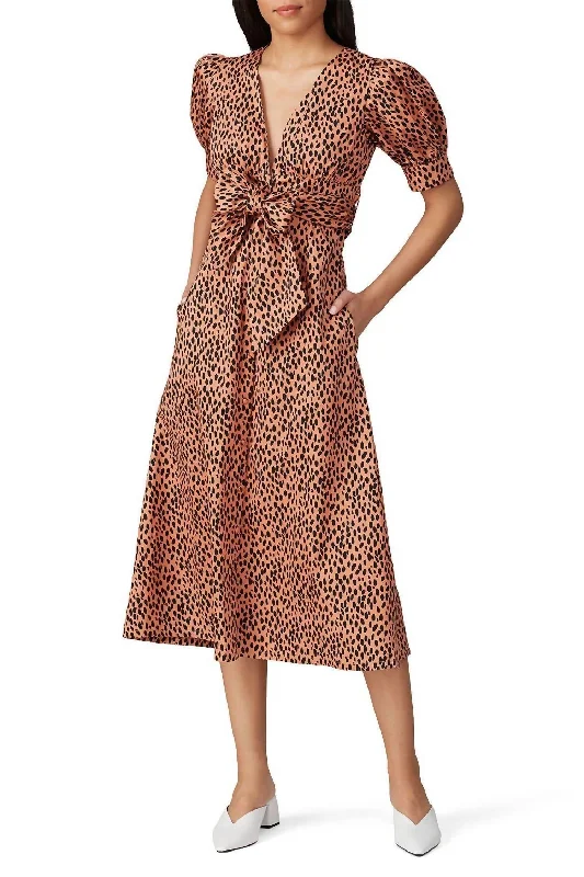 Dotted Puffed Sleeve Dress In Brown